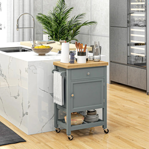 Kitchen Cart on Wheels, Wood Top, Towel Rack, Drawer, Shelf, Grey