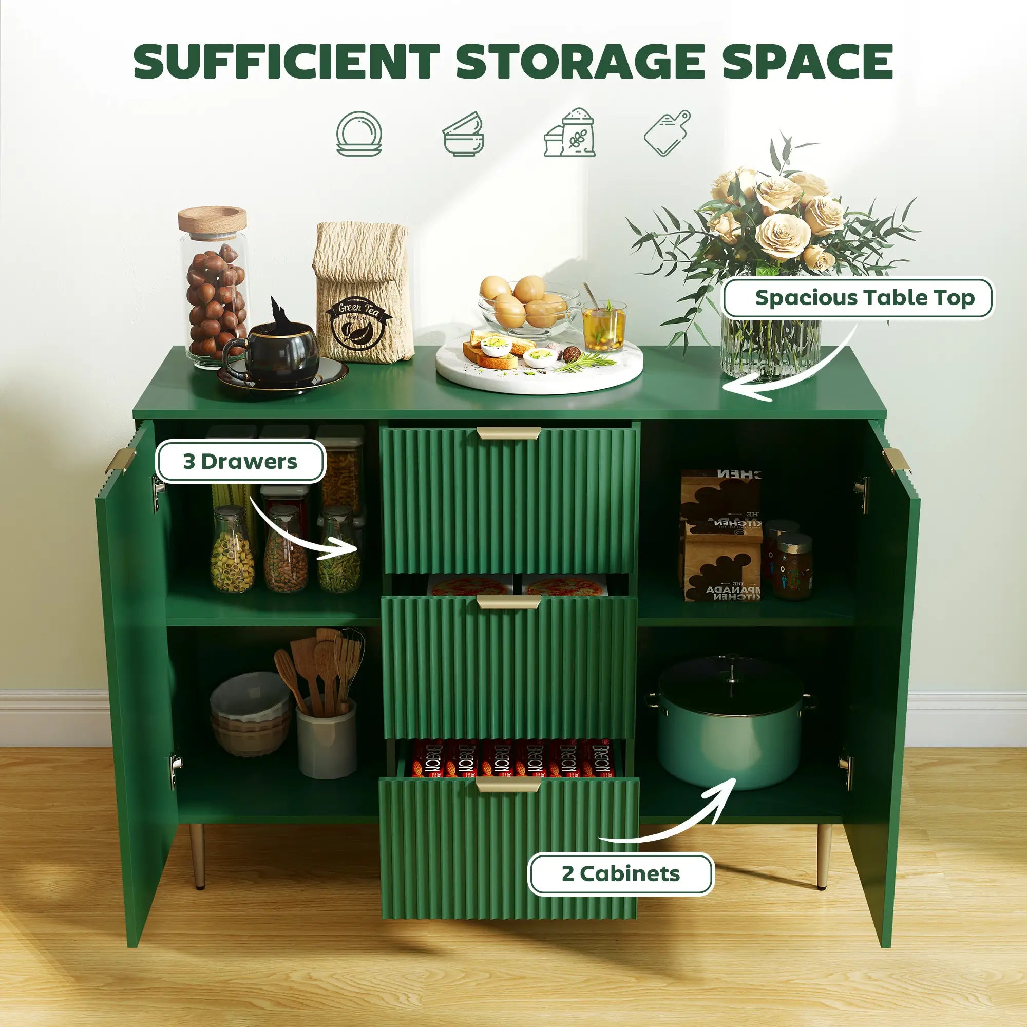 Modern Kitchen Storage Cabinet, Sideboard Buffet, 3 Drawers, Adjustable Shelves, Green Bar Cabinets at Gallery Canada
