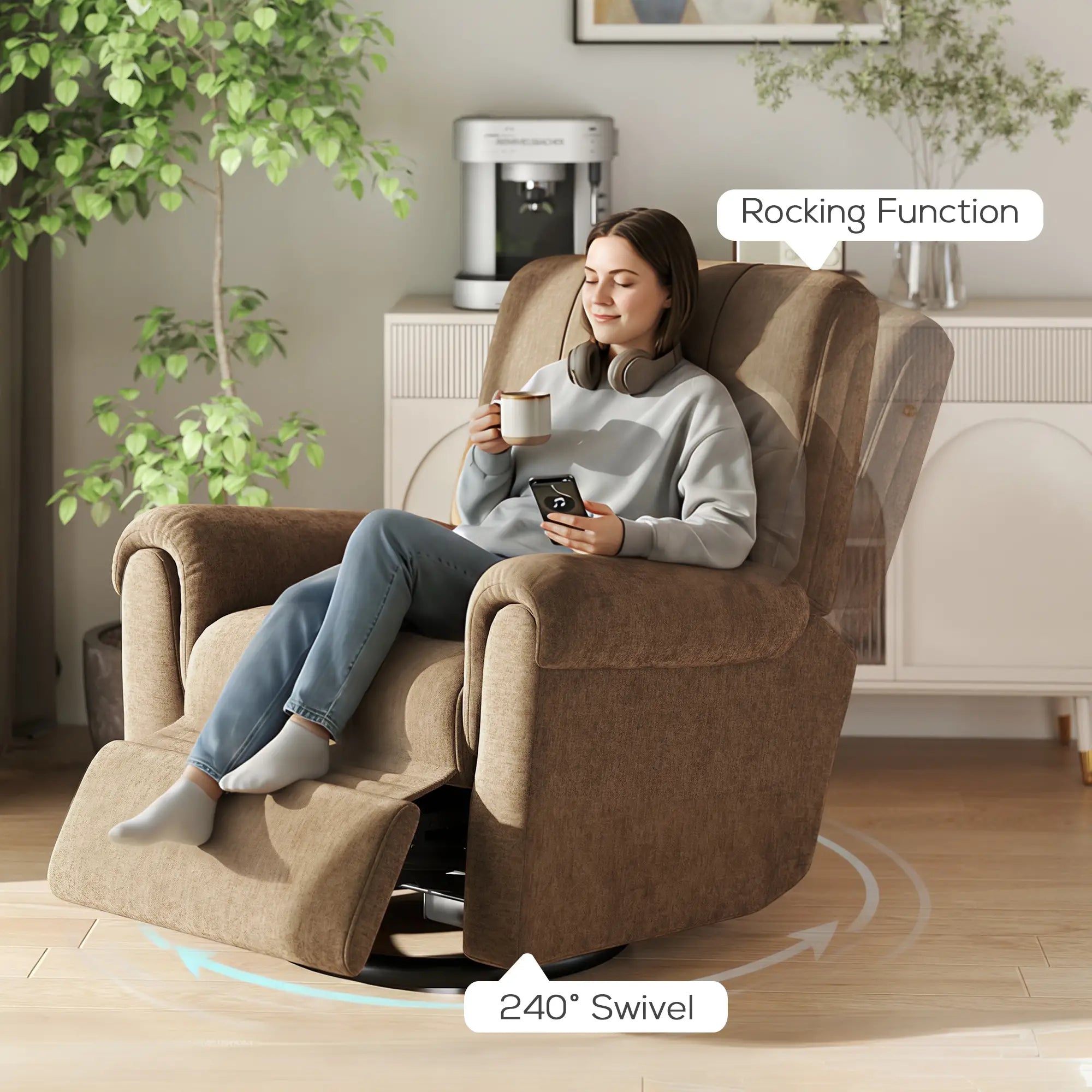 Power Recliner Chair, Fabric Upholstered, USB Ports, Swivel Rocking, Footrest Sofas & Reclining Chairs at Gallery Canada