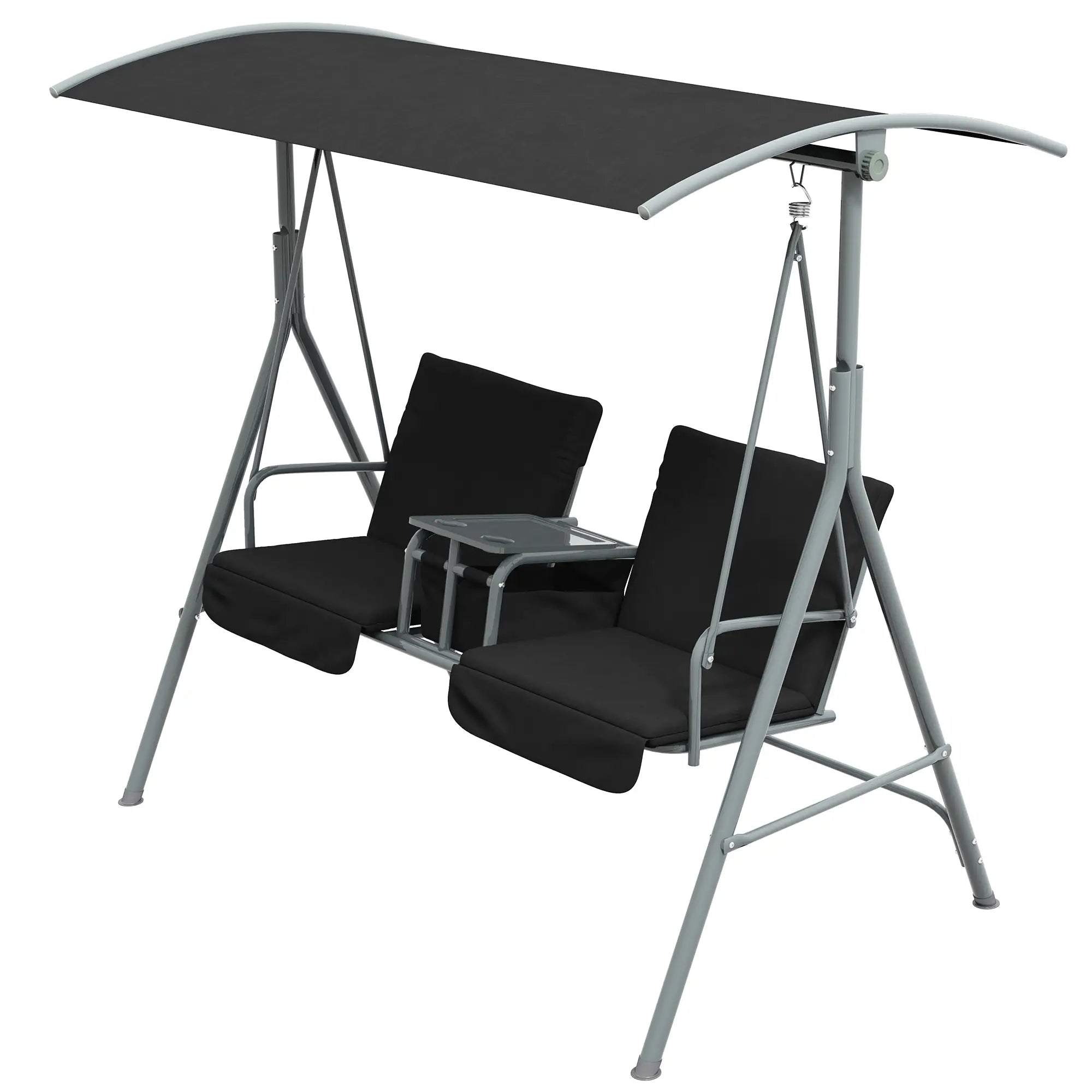 2-Seater Outdoor Porch Swing, Adjustable Canopy, Table, Black Patio Swings with Stand Black at Gallery Canada