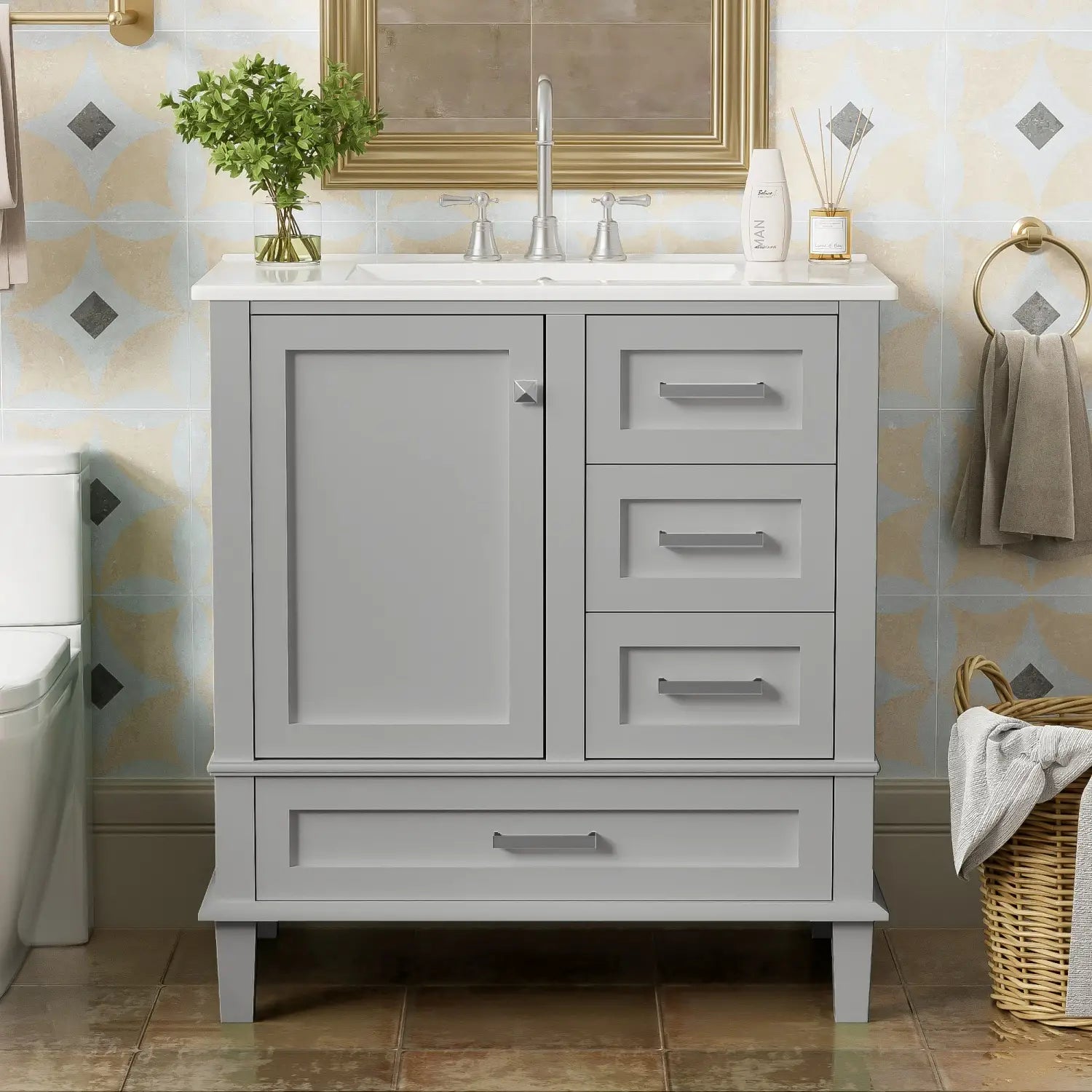 Bathroom Vanity with Sink, Solid Wood, Storage Cabinet, 30