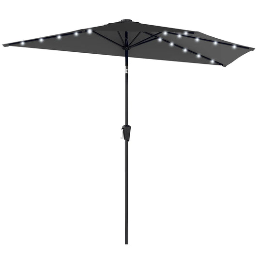 Half Outdoor Patio Umbrella, Solar LED Lights, Crank, 105.1" x 53.5", Black Half Round Umbrellas Black, Dark Grey at Gallery Canada