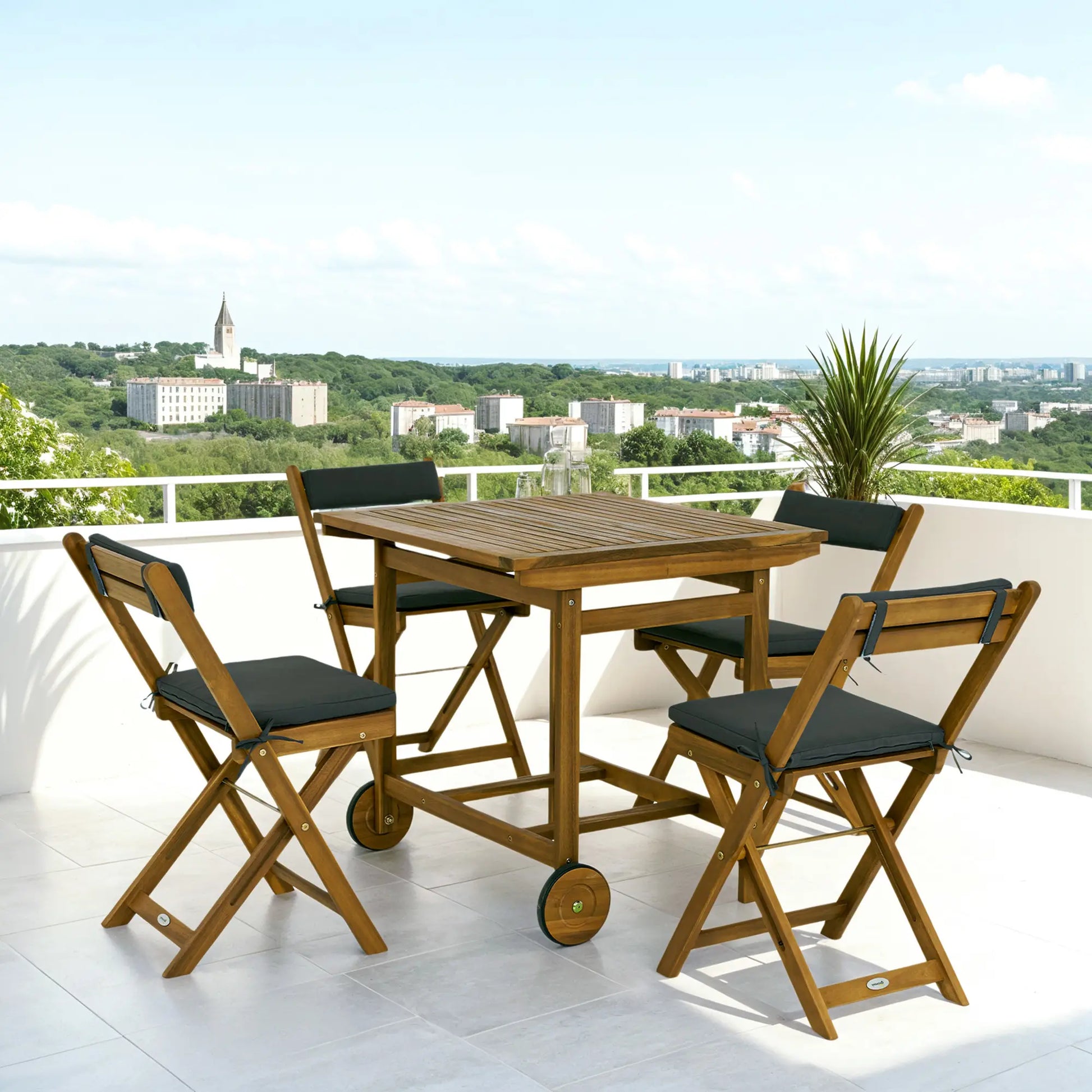 5-Piece Wood Patio Dining Set, Wheeled Table, Folding Chairs with Cushions, Teak Outdoor Dining Sets at Gallery Canada
