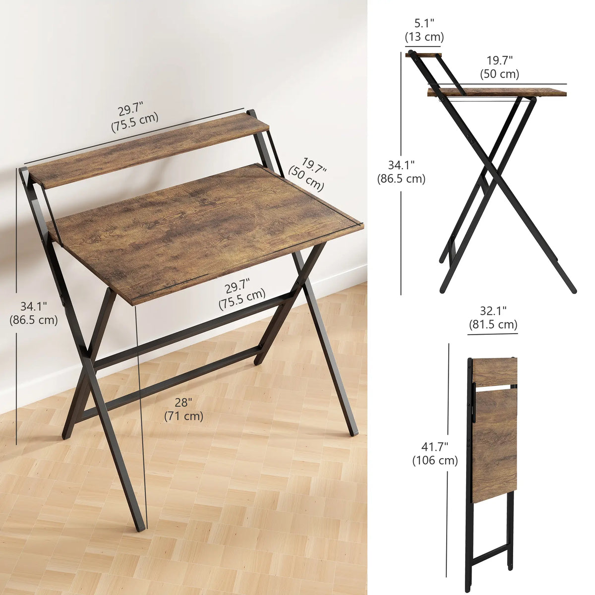 32" Foldable Computer Desk, Monitor Shelf, Rustic Brown Writing Desks at Gallery Canada