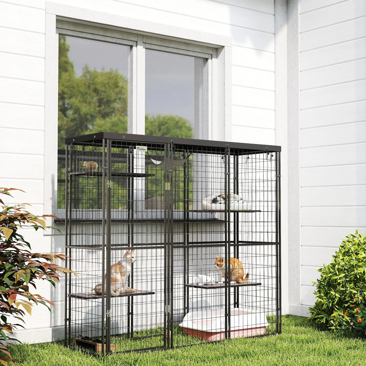 Wire Catio, 69" x 22" x 62", Waterproof Cover, 4 Platforms, Hammock, Black Outdoor Cat Enclosures at Gallery Canada