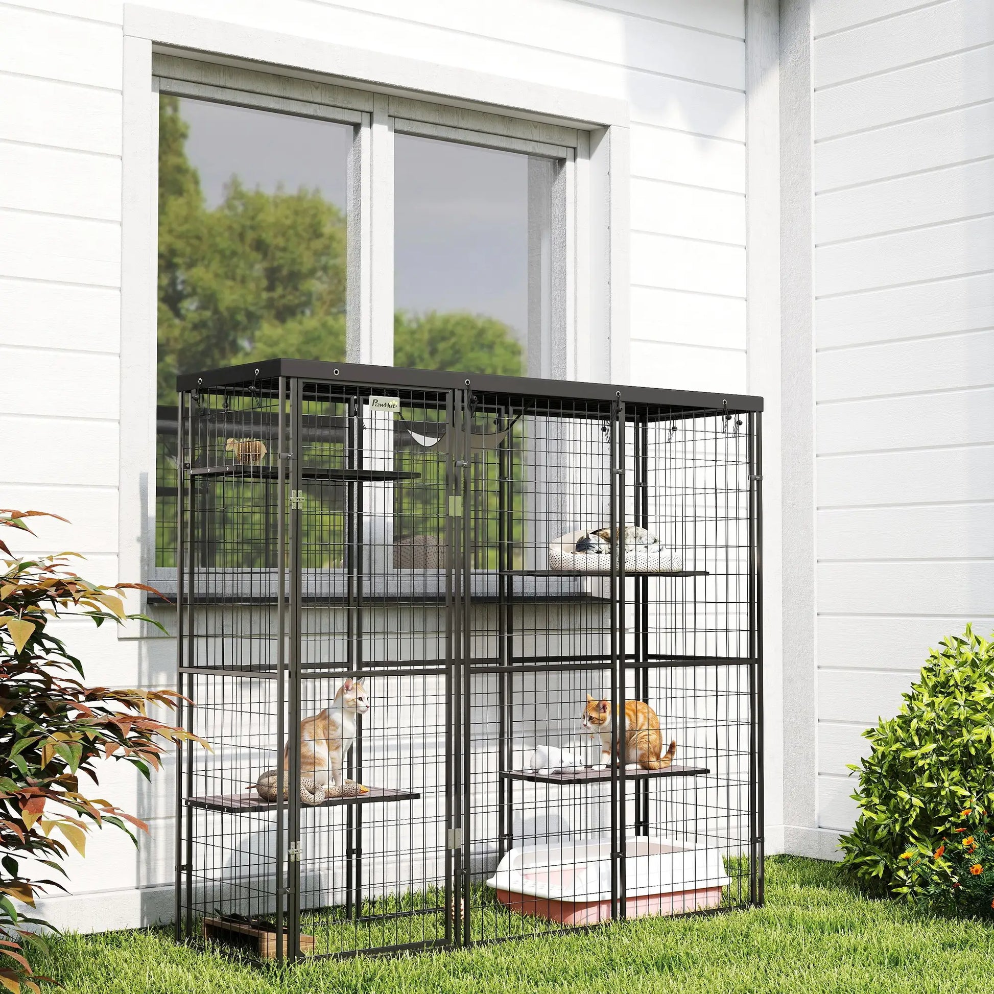 Wire Catio, 69" x 22" x 62", Waterproof Cover, 4 Platforms, Hammock, Black Outdoor Cat Enclosures at Gallery Canada