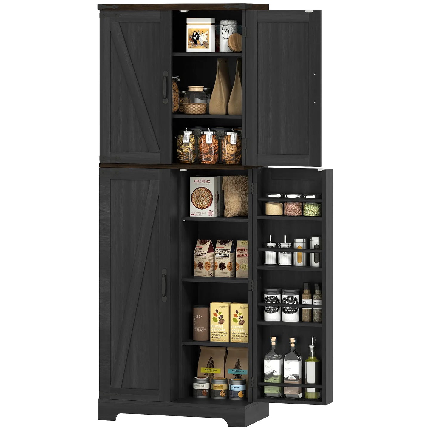 64" Tall Kitchen Pantry Cabinet, Spice Racks, Adjustable Shelves, Black Kitchen Pantry Cabinets Black Wood Grain at Gallery Canada