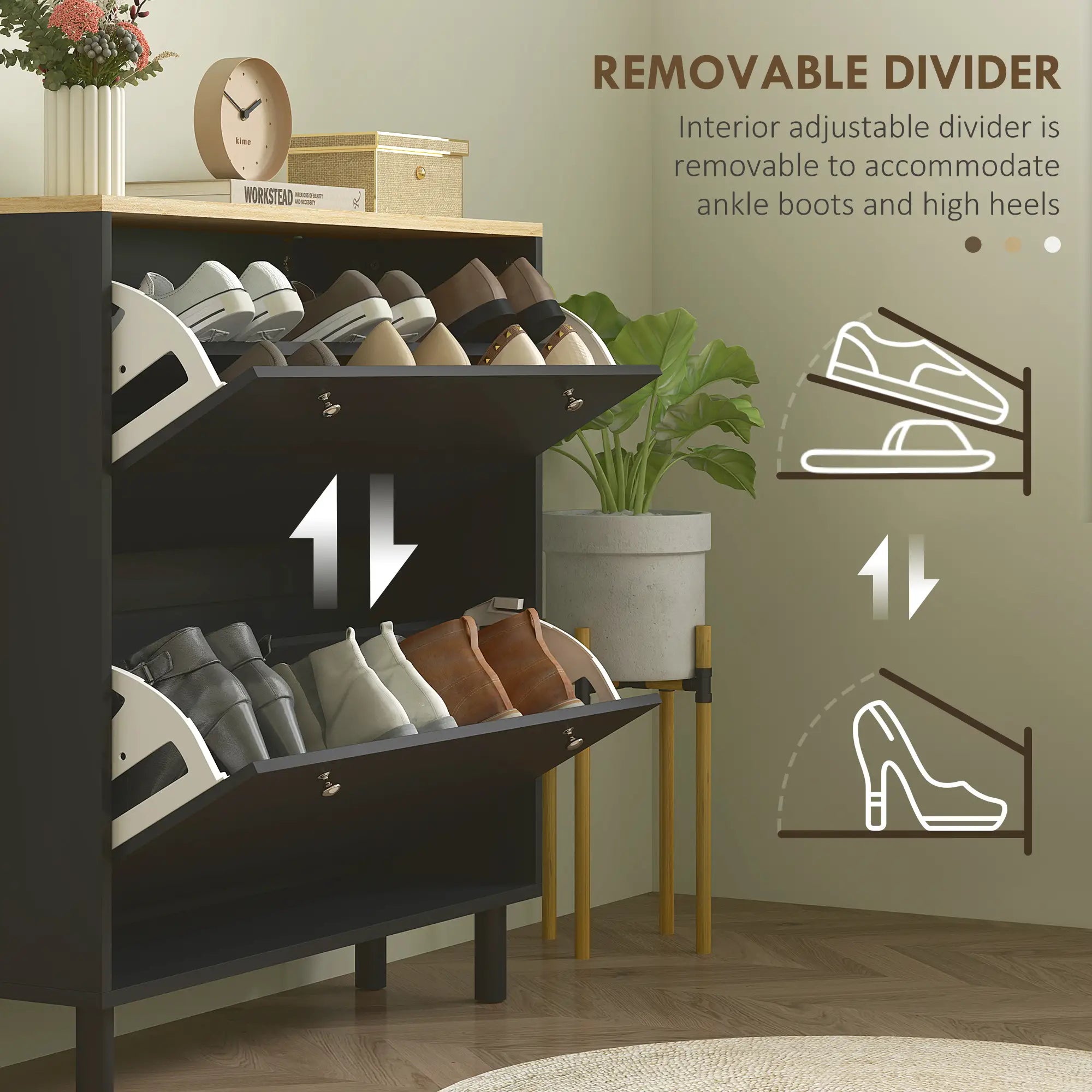 2 Drawers Shoe Storage Cabinet, Adjustable Shelves, 16 Pairs, Black Shoe Storage Cabinets & Racks at Gallery Canada