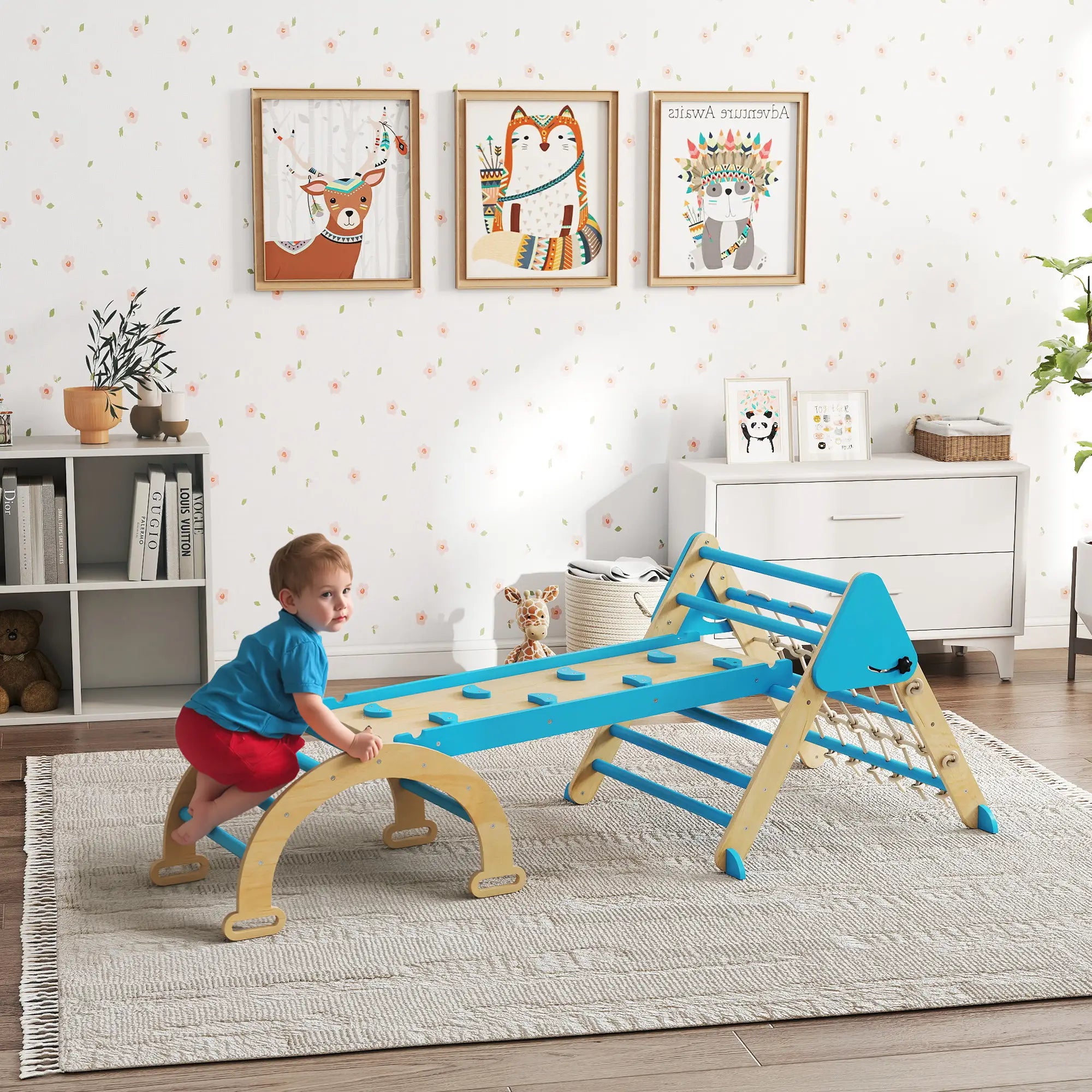8-in-1 Pikler Triangle Set, Foldable Wooden Climbing Toys, Blue Kids Gym & Playmats at Gallery Canada