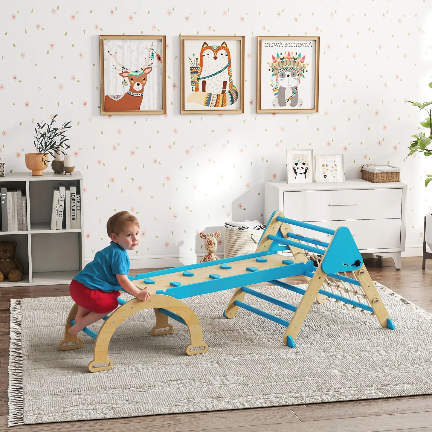 8-in-1 Pikler Triangle Set, Foldable Wooden Climbing Toys, Blue Kids Gym & Playmats at Gallery Canada