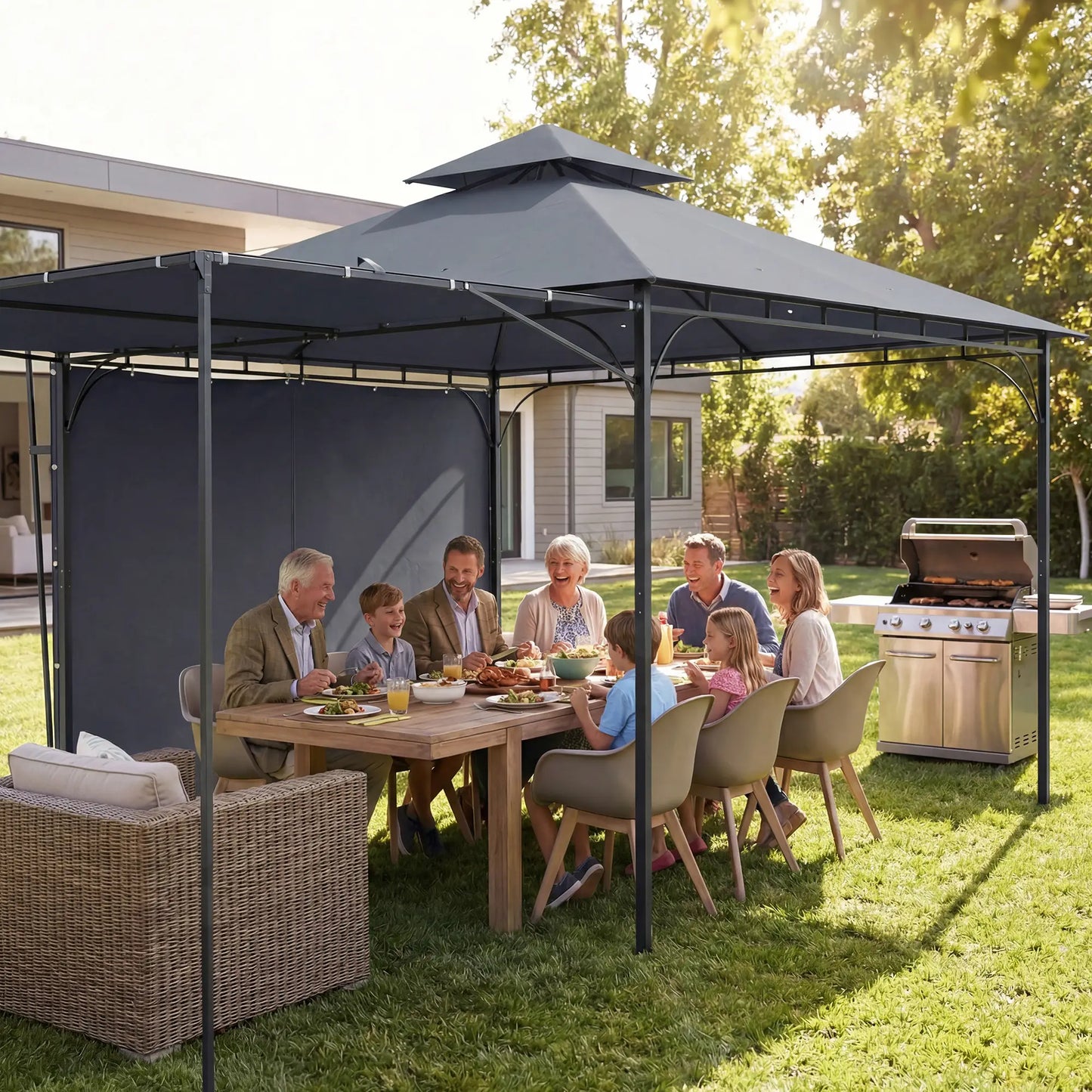 Patio Gazebo With Double Roof, Extendable Shade, 126" x126", Dark Grey Gazebos at Gallery Canada