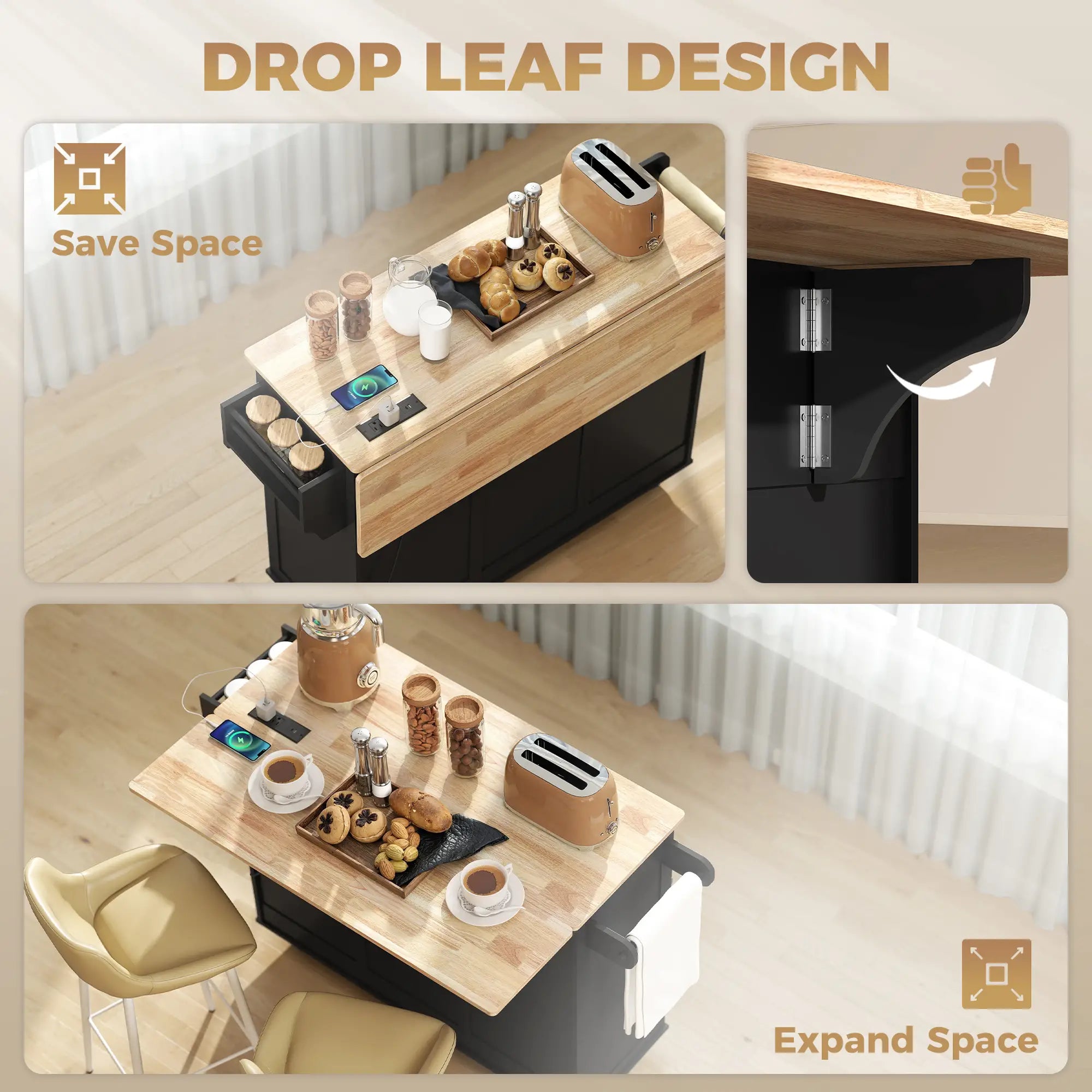 Kitchen Island On Wheels With Drop Leaf, Charging Station, Black Kitchen Islands & Kitchen Carts at Gallery Canada