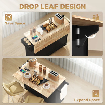 Kitchen Island On Wheels With Drop Leaf, Charging Station, Black Kitchen Islands & Kitchen Carts at Gallery Canada