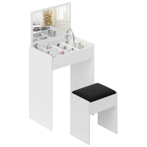 Modern Vanity Set, Makeup Table with Cushioned Stool, Flip Top Mirror, White