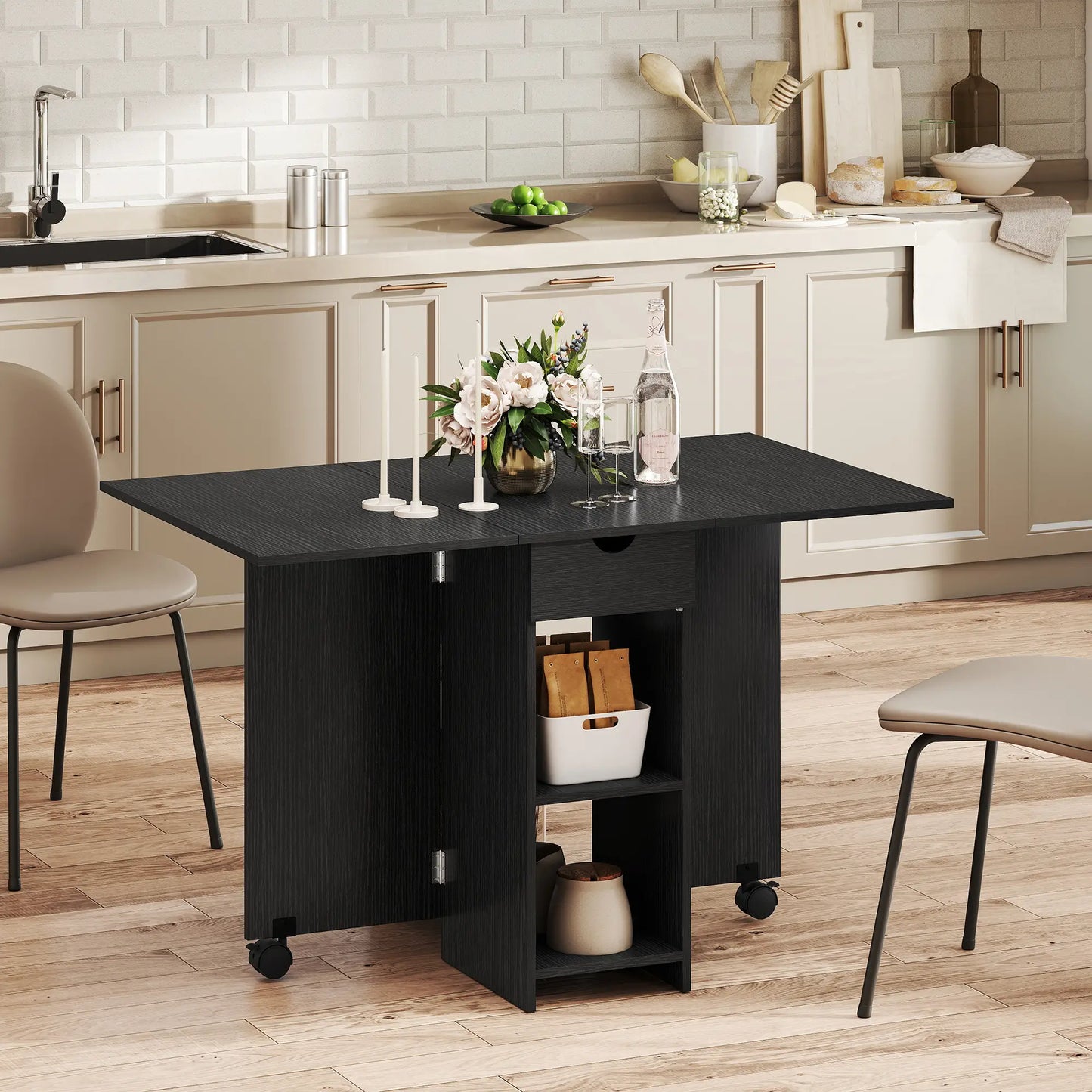 Folding Drop Leaf Kitchen Table with Drawer and Shelves, Black Dining Tables at Gallery Canada