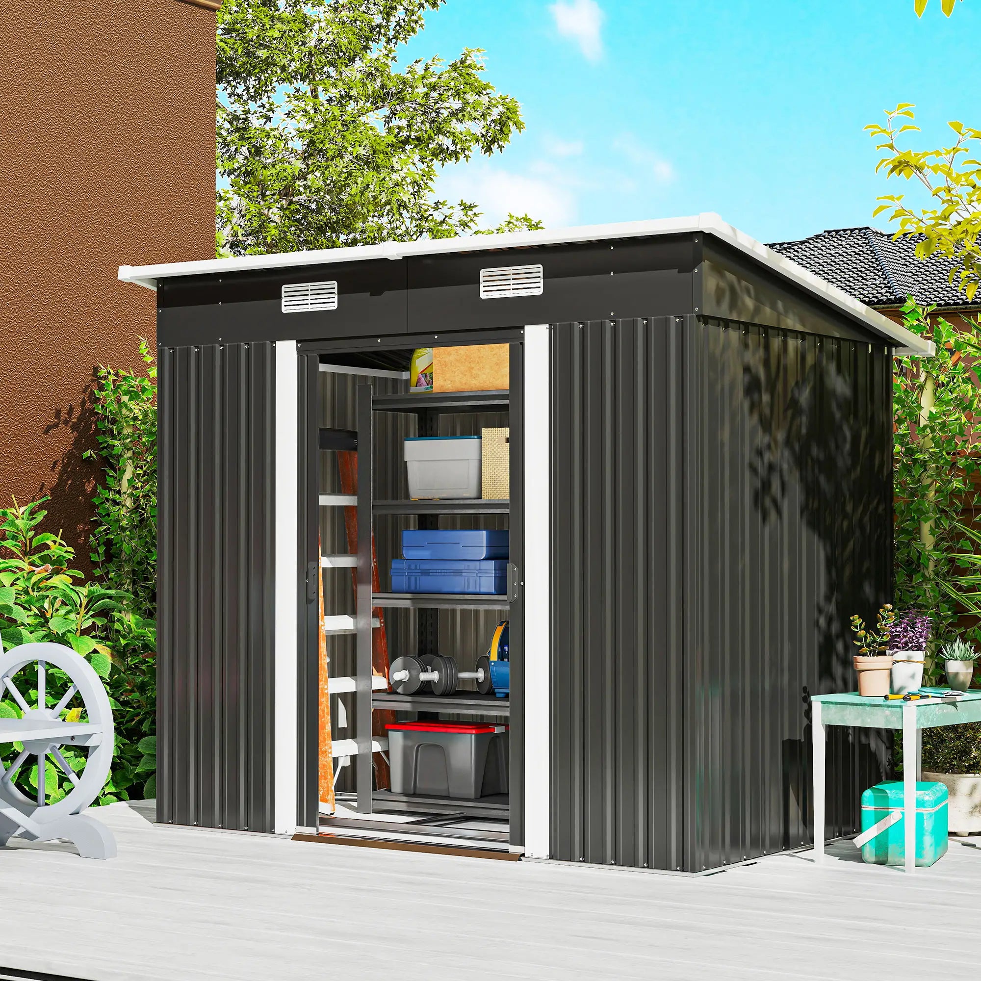 7'x4' Metal Patio Storage Shed, Garden Tool Utility Unit, Black Sheds at Gallery Canada