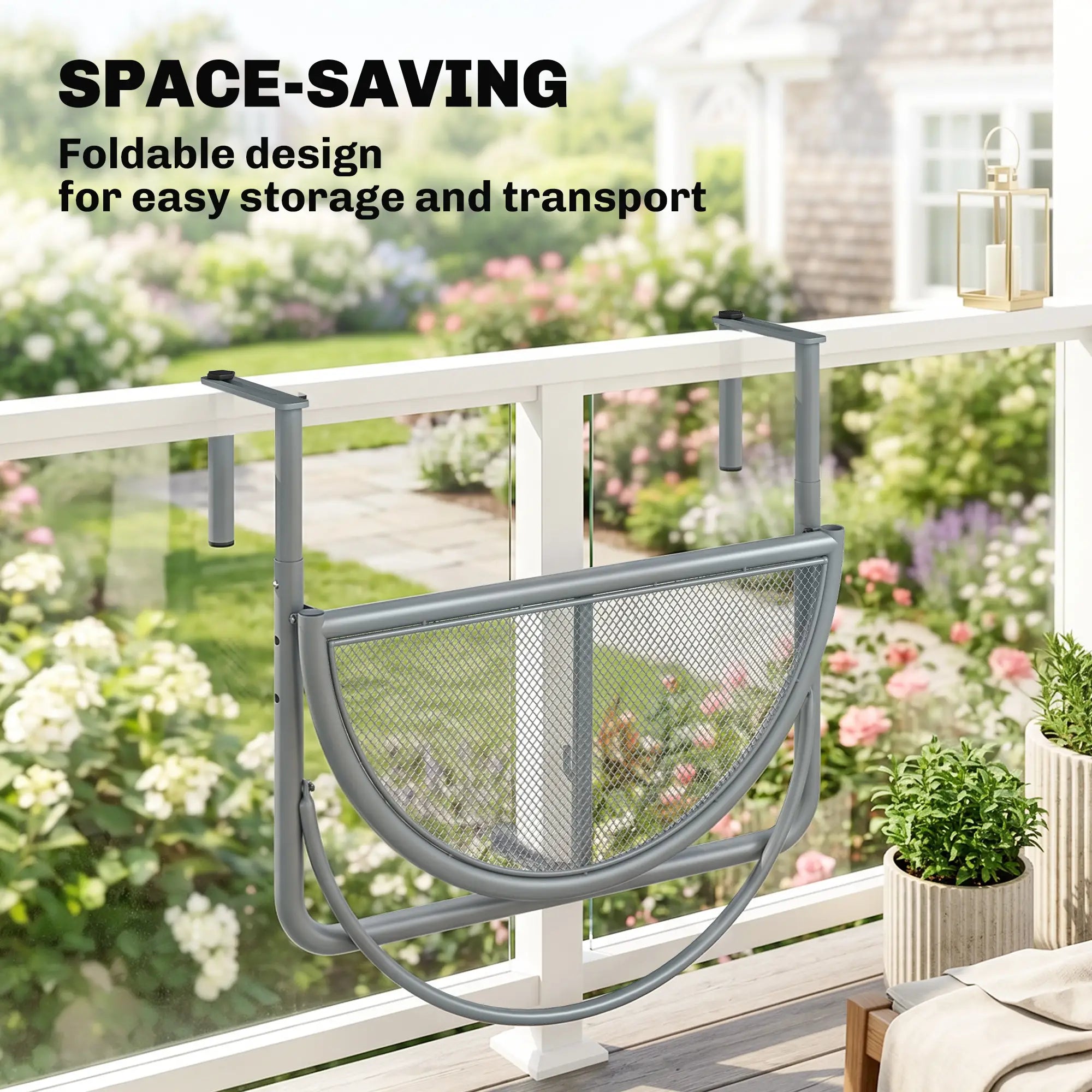 Adjustable Balcony Hanging Table, Metal Wall Desk, Outdoor Flower Stand, Half Round, Grey Balcony Table Hanging at Gallery Canada