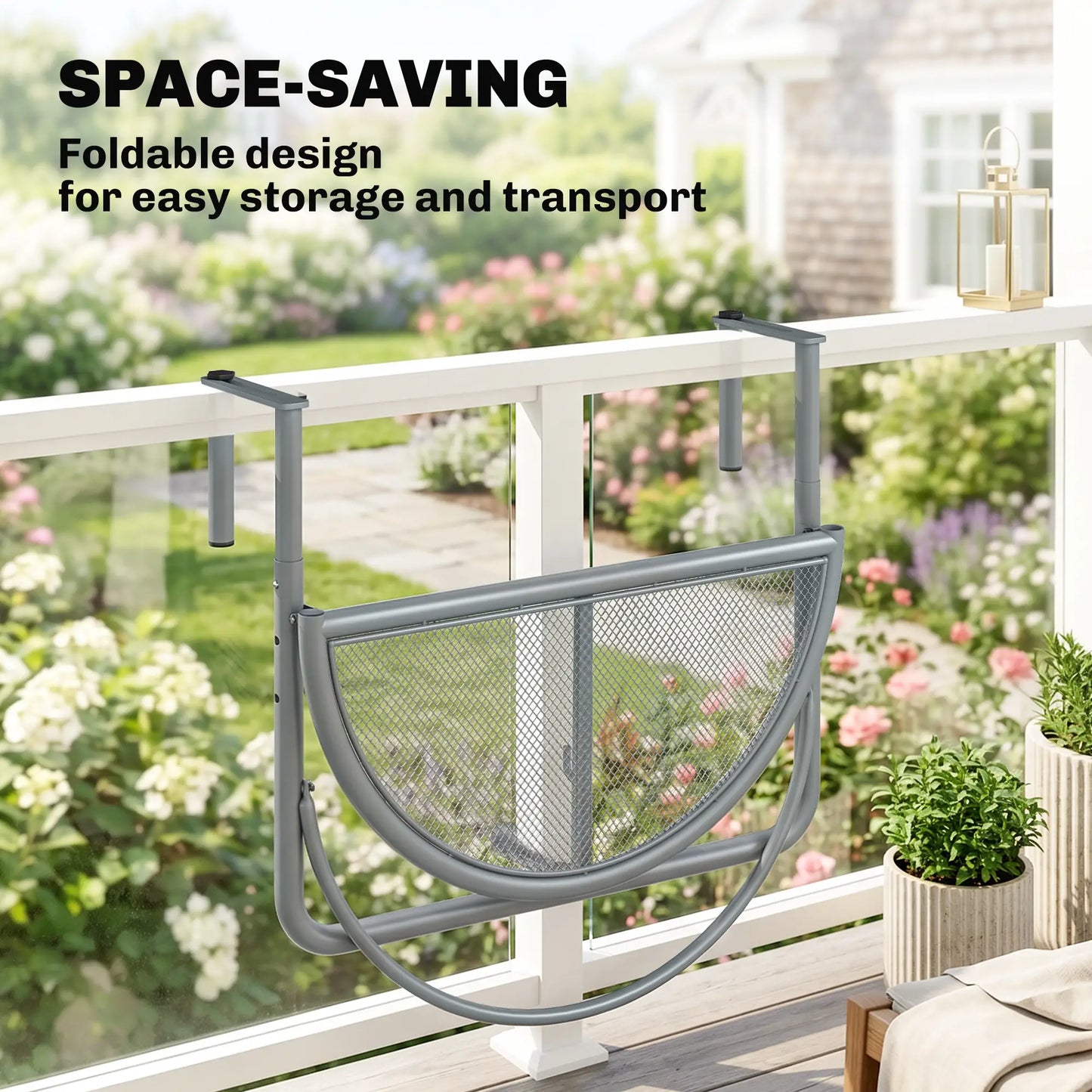 Adjustable Balcony Hanging Table, Metal Wall Desk, Outdoor Flower Stand, Half Round, Grey Balcony Table Hanging at Gallery Canada