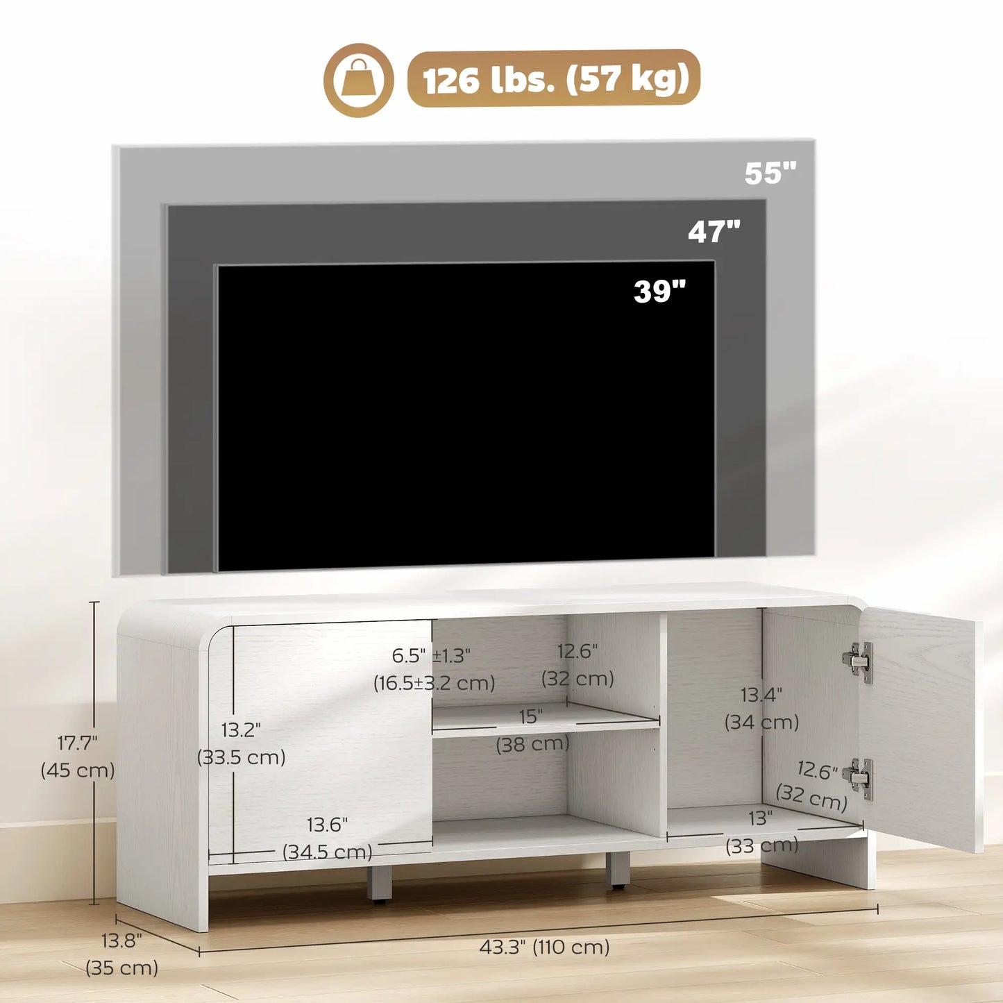 TV Stand For 55 Inch, 2 Cabinets And 2 Shelves, White TV Stands at Gallery Canada