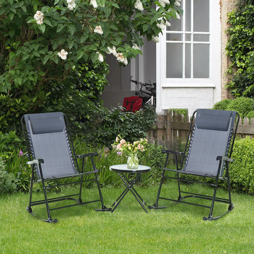 3pc Patio Rocking Chair Set, Folding Outdoor Chairs, Table, Grey