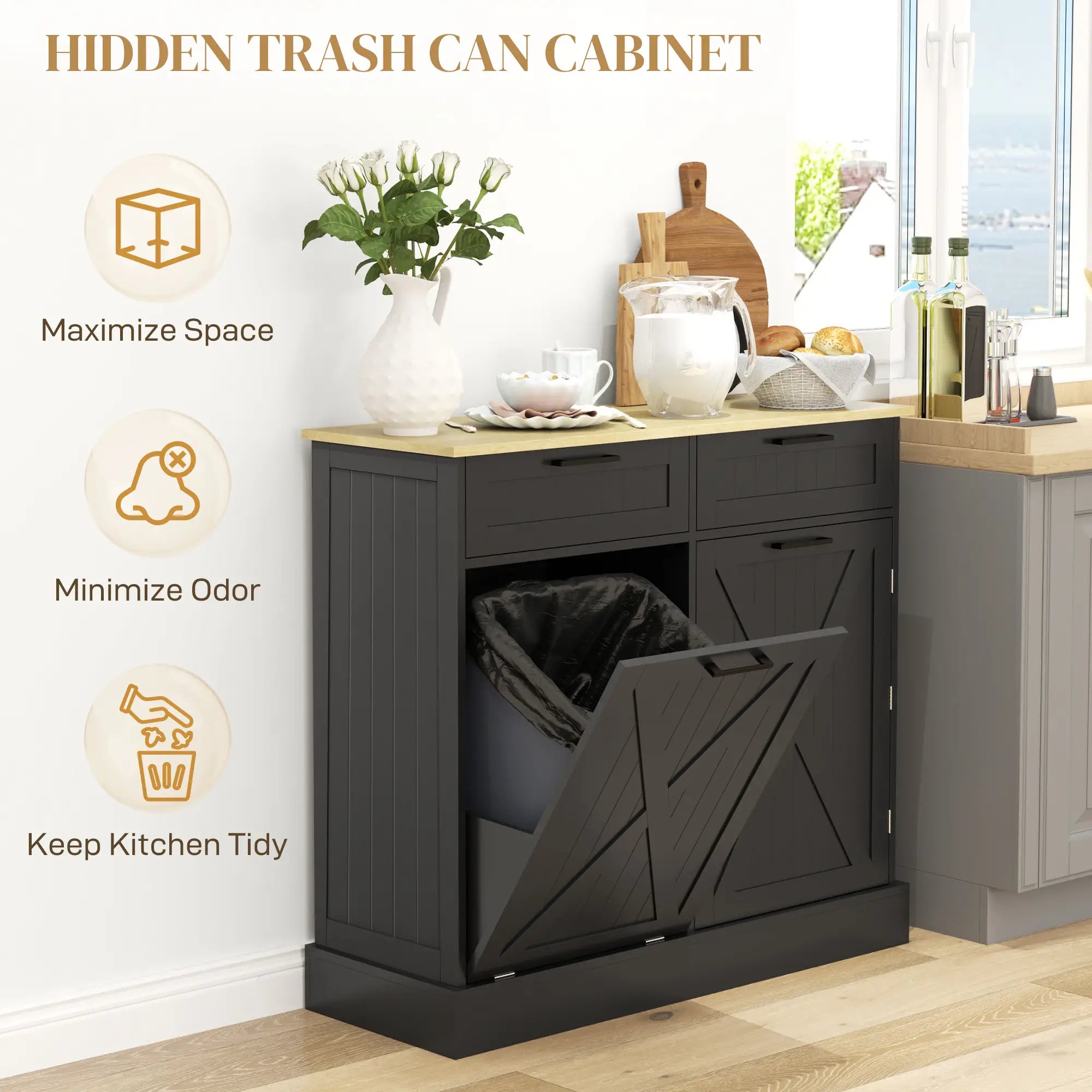 10 Gallon Hidden Garbage Bin Cabinet, Tilt Out Trash, 2 Drawers, Black Bar Cabinets at Gallery Canada