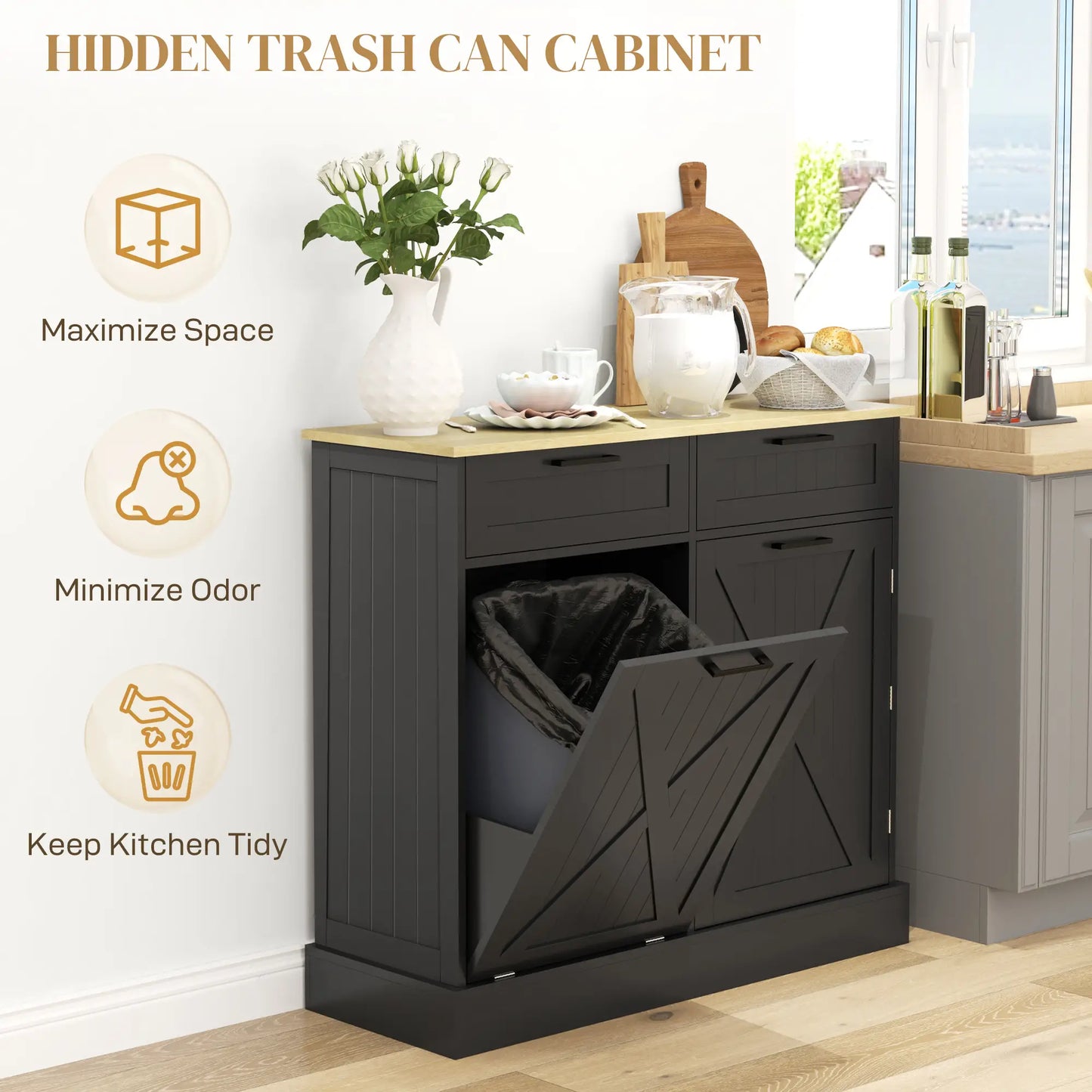 10 Gallon Hidden Garbage Bin Cabinet, Tilt Out Trash, 2 Drawers, Black Bar Cabinets at Gallery Canada
