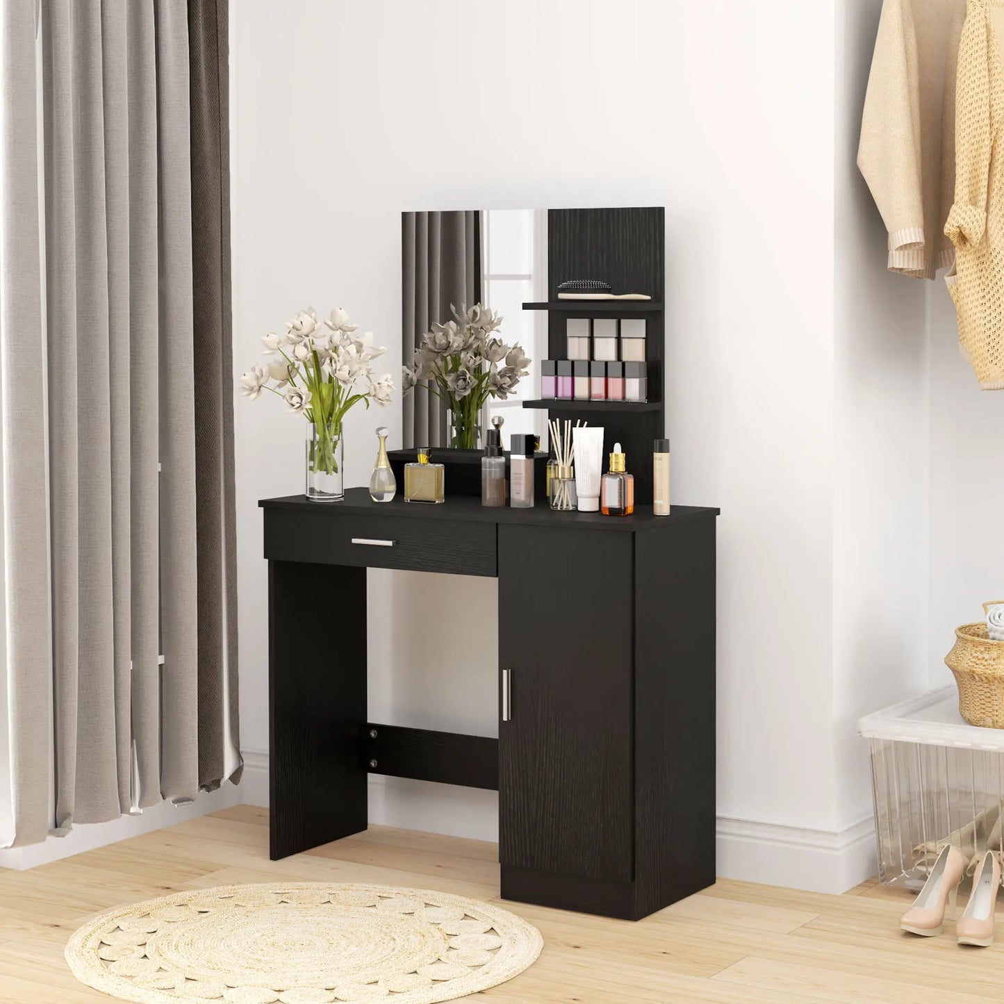 Dressing Table with Mirror, Drawer, Storage Shelves, 35.4" x 15" x 54.3", Black Dressing & Vanity Tables at Gallery Canada