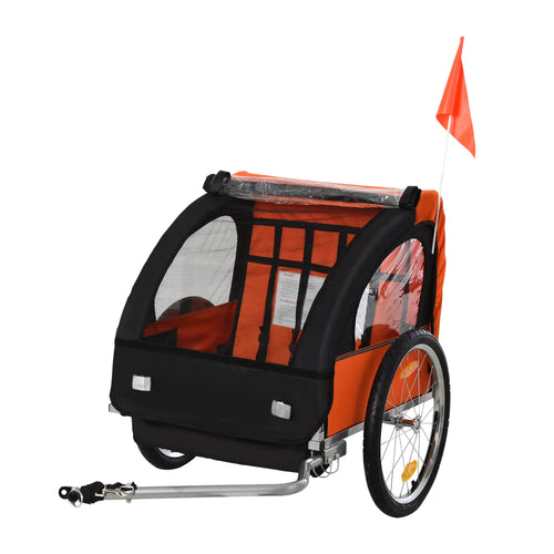 2-Seat Child Bike Trailer, Steel Frame, 5-Point Harness, Orange