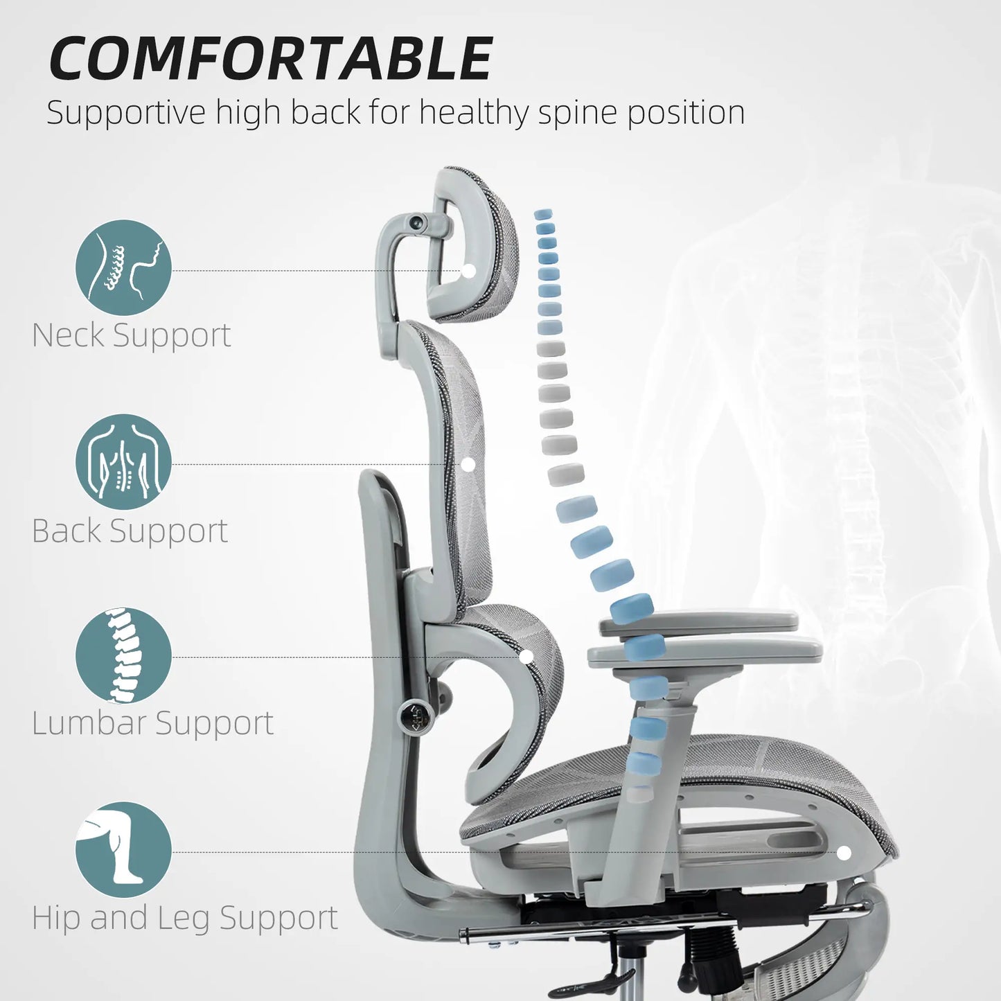 Mesh Office Chair, 3D Armrest, High Back, Lumbar Support, 135° Recline, Adjustable Headrest, Grey Executive & Manager Chairs at Gallery Canada