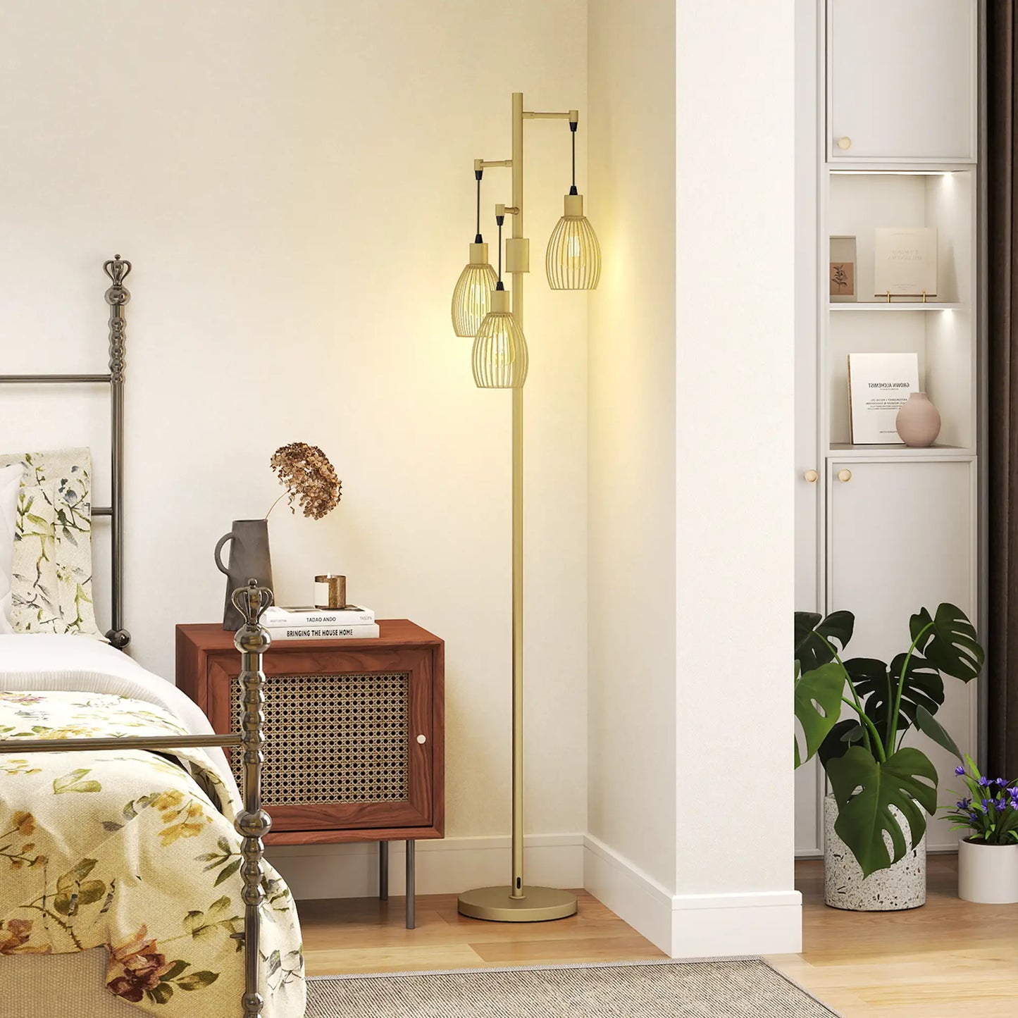 Industrial Floor Lamp, 3 Hanging Wire Lampshades, Dimmable, Gold Floor Lamps & Ceiling Fan Lights at Gallery Canada