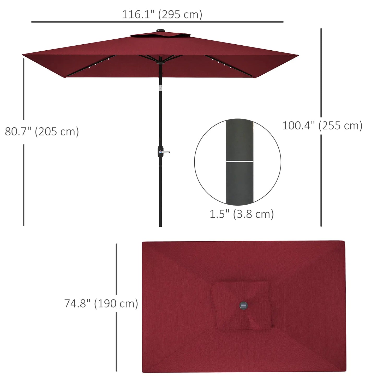 6' x 10' Rectangular Patio Umbrella, 22 LED Solar Lights, Tilt, Crank, Wine Red Sun Umbrellas at Gallery Canada