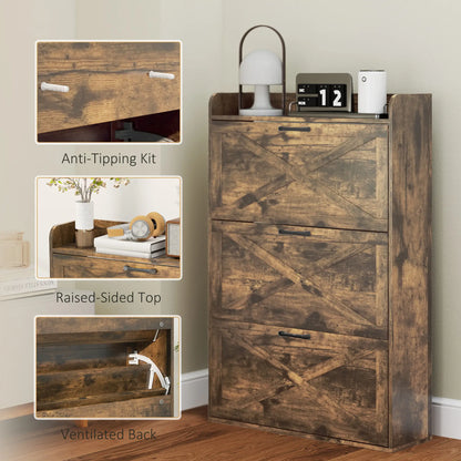 Narrow Shoe Storage Cabinet, 3 Flip Drawers, Adjustable Shelves, Rustic Brown Shoe Storage Cabinets & Racks at Gallery Canada