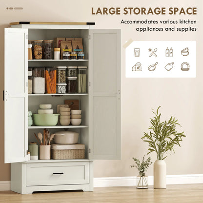 69" Tall Farmhouse Pantry Cabinet, 2 Doors, Drawer, Cream White Kitchen Pantry Cabinets at Gallery Canada