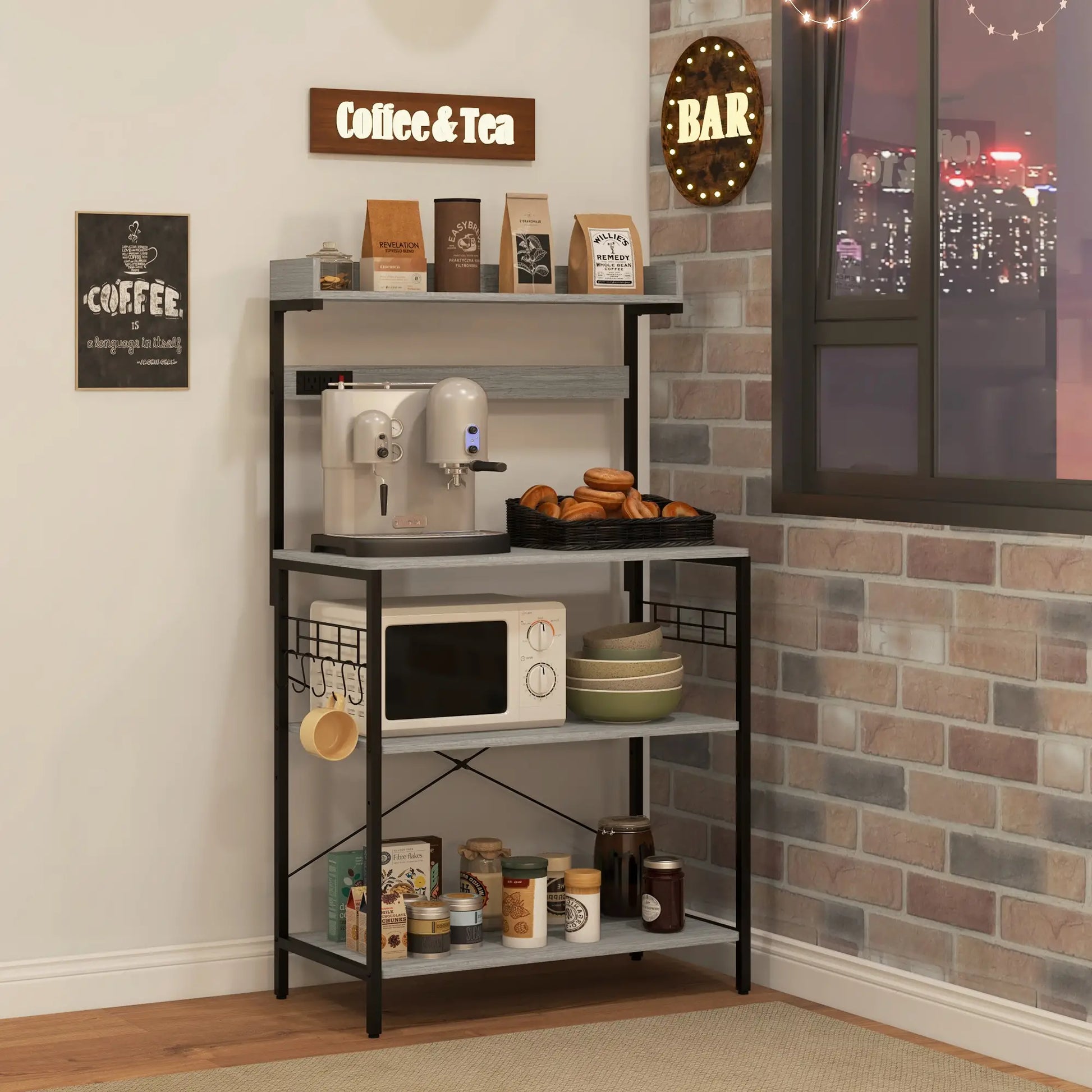 Kitchen Baker's Rack with Power Outlet, Coffee Bar Station with Adjustable Shelves and Hooks, Distressed Grey Bar Cabinets at Gallery Canada