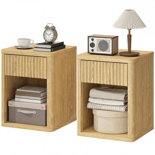 Nightstand With Drawer And Shelf, Modern Bedside Table Set Of 2, Oak Bedside Tables Oak at Gallery Canada