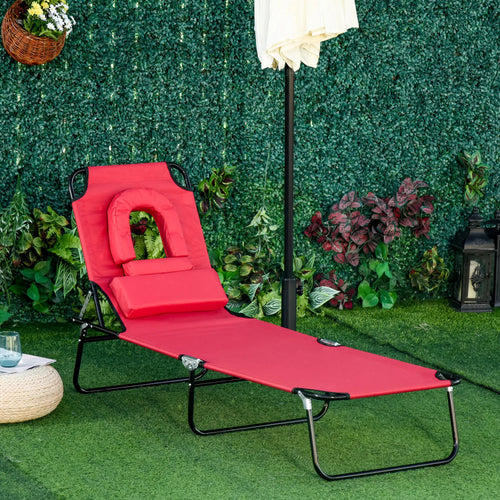 Adjustable Outdoor Lounge Chair, Folding Chaise with Face Hole, Red