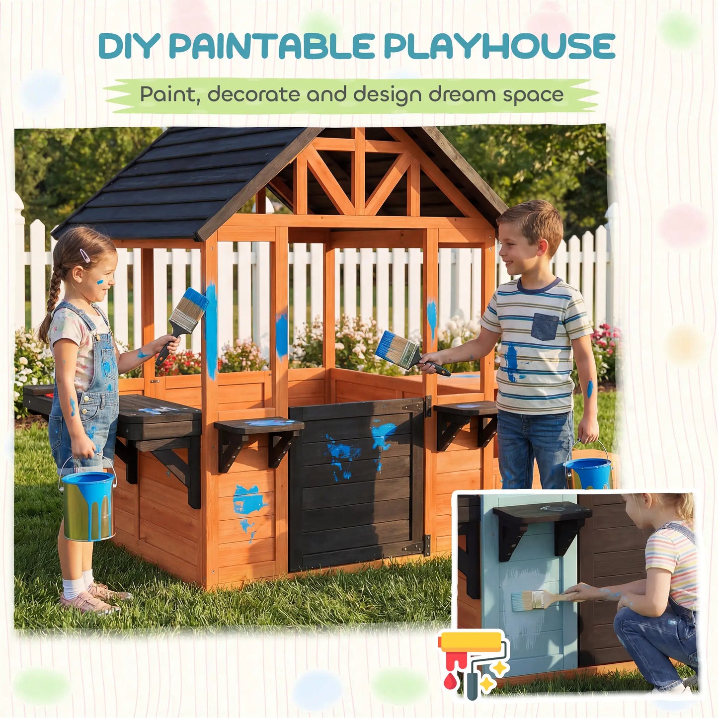 Wooden Playhouse With Table, Benches, Sink, Windows, Flowerpot Holders, Brown Play Houses at Gallery Canada