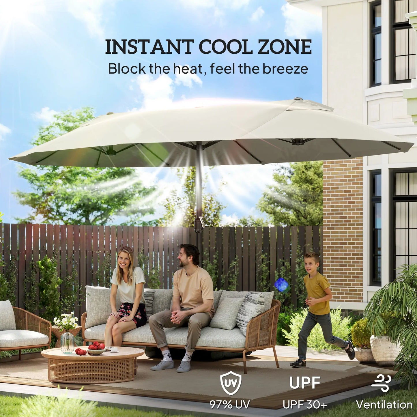 15' Outdoor Patio Umbrella, Twin Canopy Sunshade, Steel Table, Cream Sun Umbrellas at Gallery Canada