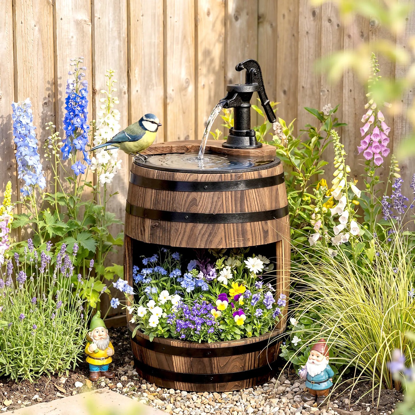 Wooden Outdoor Fountain, Electrical Barrel Waterfall, 3600r/min Pump, Carbonized Water Fountains at Gallery Canada