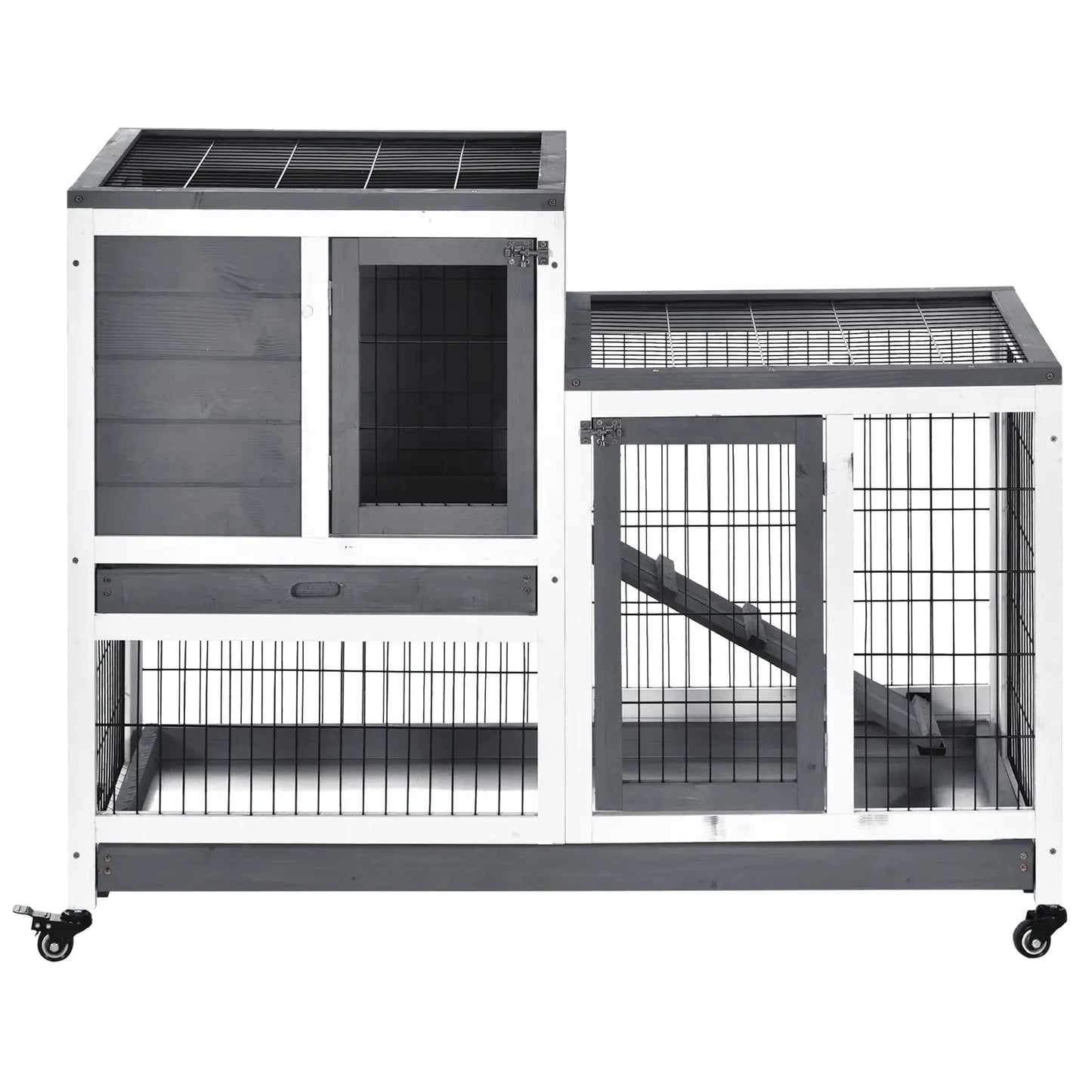 Wooden Rabbit Hutch, Indoor Bunny Cage with Wheels, Pull Out Trays, Run, Grey Rabbit Hutch at Gallery Canada