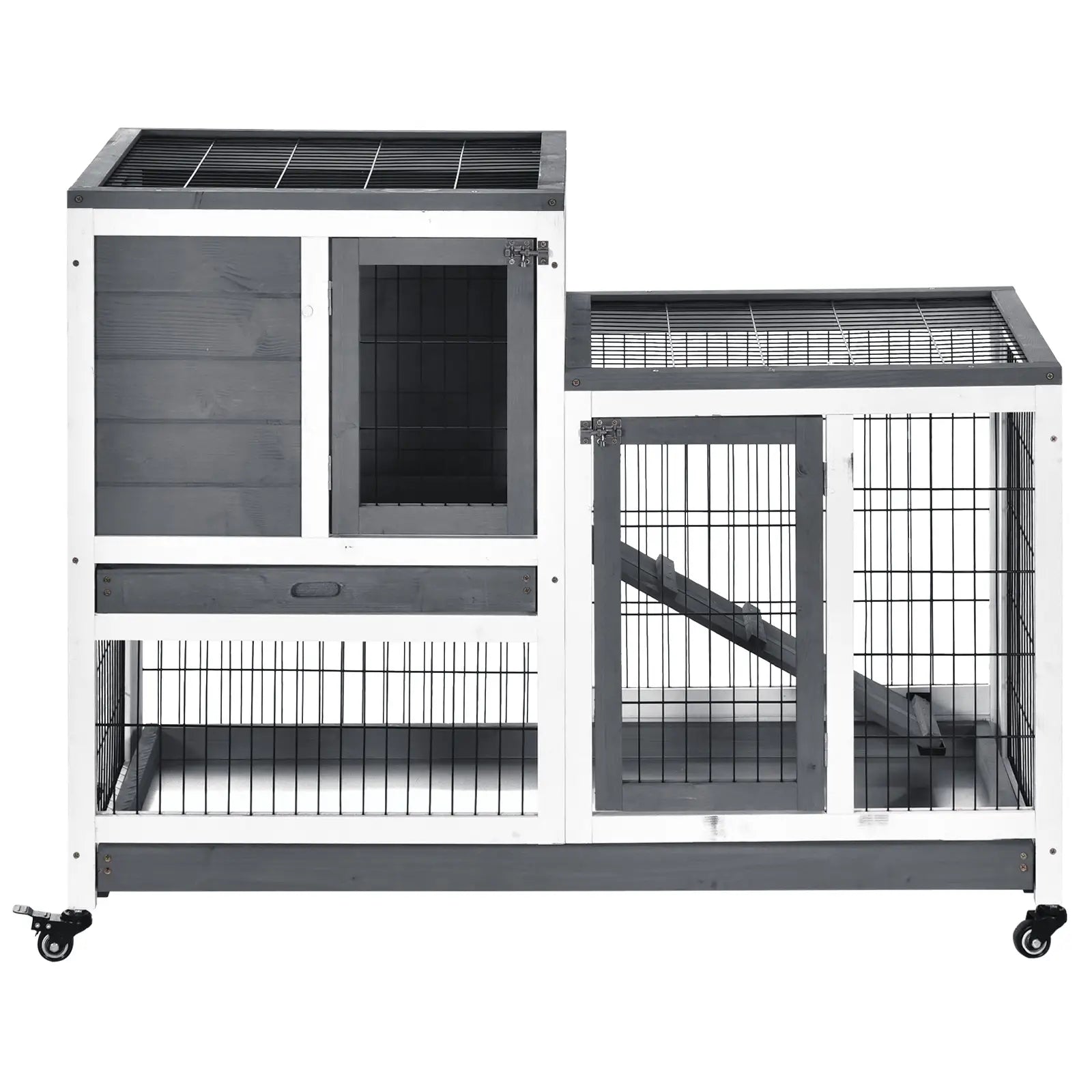 Wooden Rabbit Hutch, Indoor Bunny Cage with Wheels, Pull Out Trays, Run, Grey Rabbit Hutch at Gallery Canada