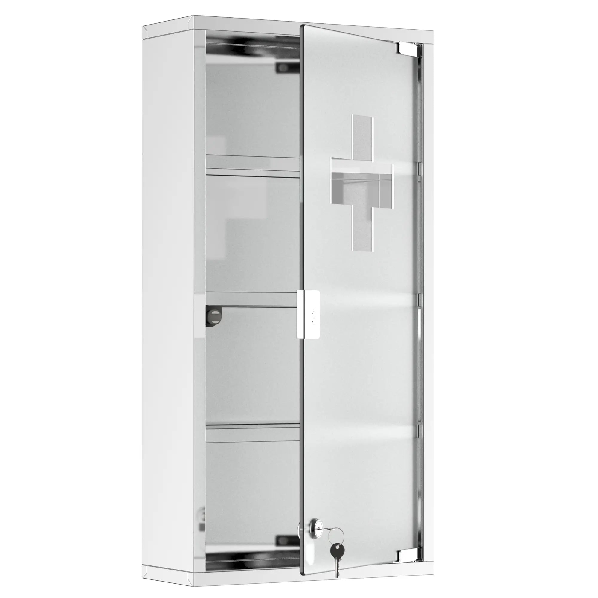 Wall Mount Medicine Cabinet, 4 Tier Shelves, Stainless Steel Frame, Glass Door, Lockable, 12