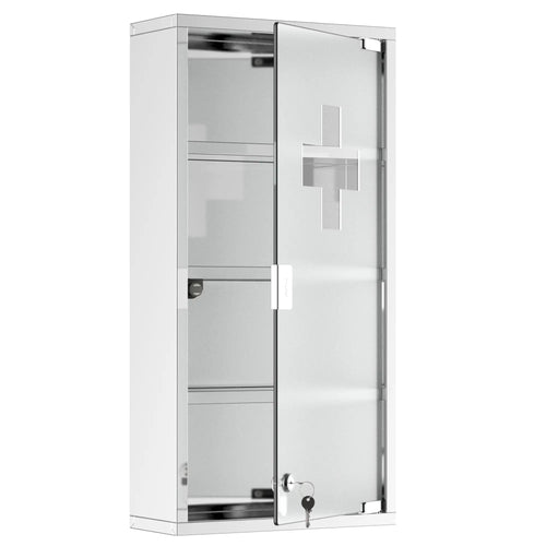 Wall Mount Medicine Cabinet, 4 Tier Shelves, Stainless Steel Frame, Glass Door, Lockable, 12
