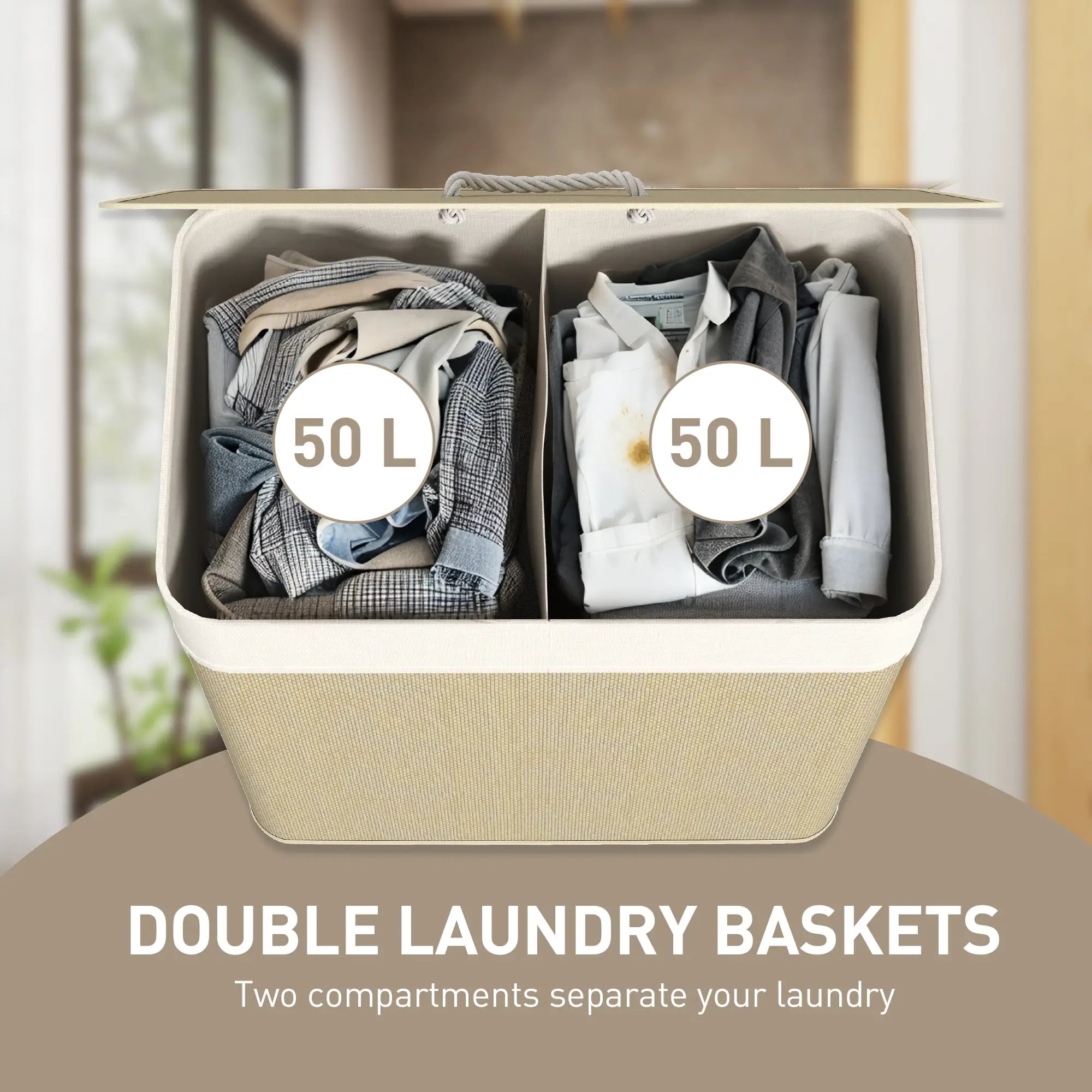 Double Laundry Basket with Lid, 100L Bamboo Hamper, Natural Clothing Storage at Gallery Canada