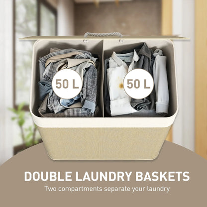 Double Laundry Basket with Lid, 100L Bamboo Hamper, Natural Clothing Storage at Gallery Canada