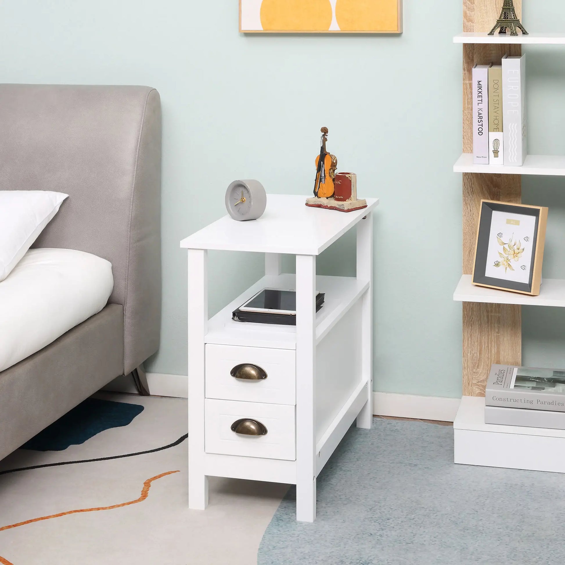 Slim End Table with 2 Drawers, Storage Shelf, White Side Tables at Gallery Canada
