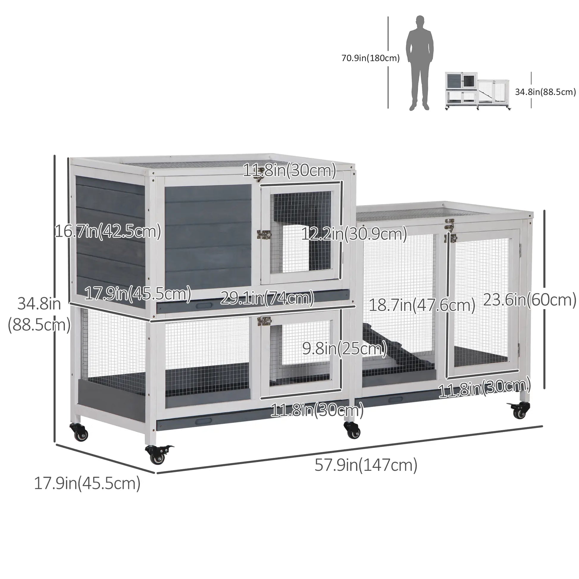 Wooden Rabbit Hutch, Bunny Cage, Small Animal Habitat, Slide-out Tray, Lockable Door, Openable Top, 58" x 18" x 35", Grey Rabbit Hutch at Gallery Canada