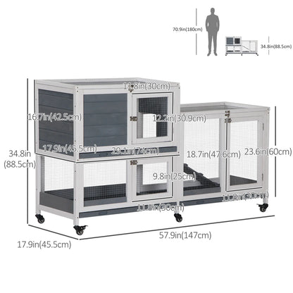 Wooden Rabbit Hutch, Bunny Cage, Small Animal Habitat, Slide-out Tray, Lockable Door, Openable Top, 58" x 18" x 35", Grey Rabbit Hutch at Gallery Canada