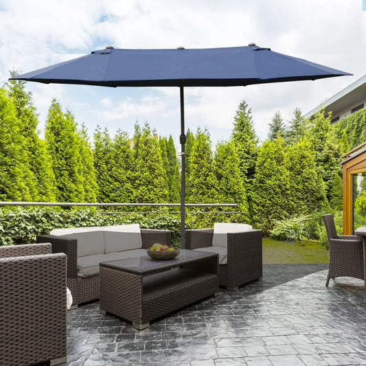 15' Outdoor Patio Umbrella, Twin Canopy Sunshade, Steel Table, Dark Blue Sun Umbrellas Dark Blue at Gallery Canada