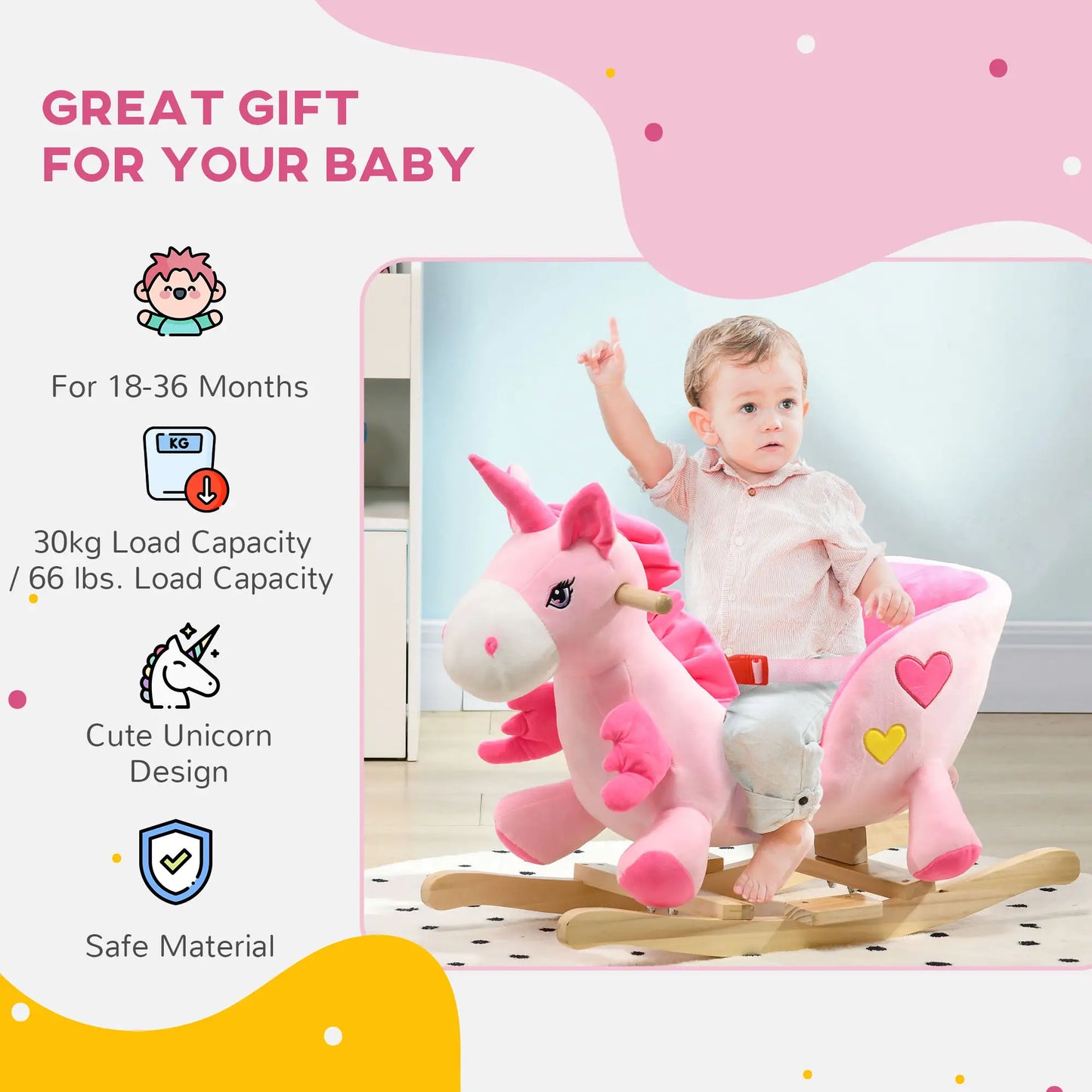 Baby Rocking Horse, Unicorn Ride On with Songs, Wooden Base, Safety Belt, 1.5-3 Year Old, Pink Rocking Horses at Gallery Canada